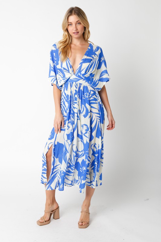 Amelia Kimono Plunge Neck Smocked Waist Maxi Dress - Blue/Ivory