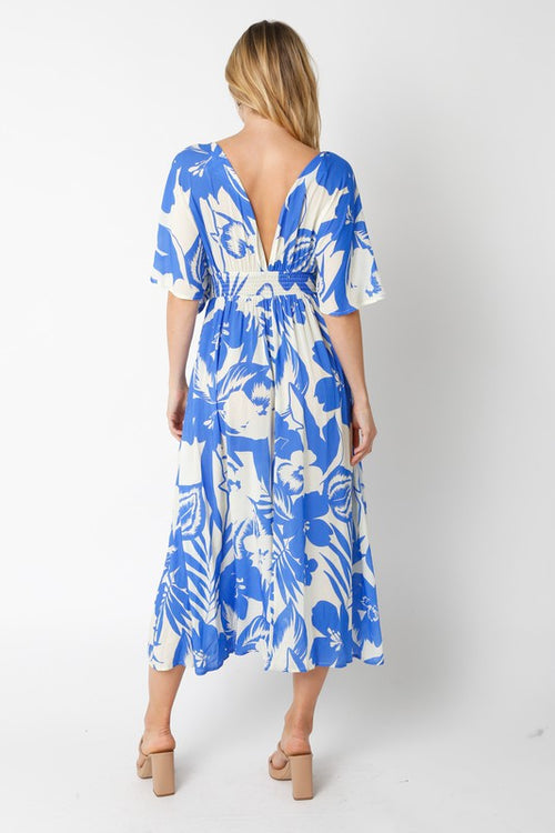 Amelia Kimono Plunge Neck Smocked Waist Maxi Dress - Blue/Ivory