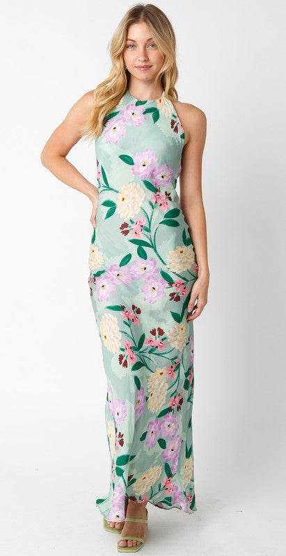 Hiley Floral Halter Backless Maxi Dress