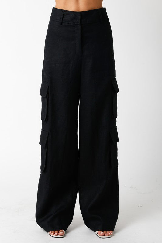 Annisia Linen High Waist Cargo Pants - Black