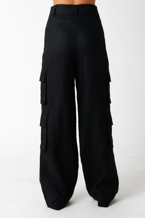 Annisia Linen High Waist Cargo Pants - Black