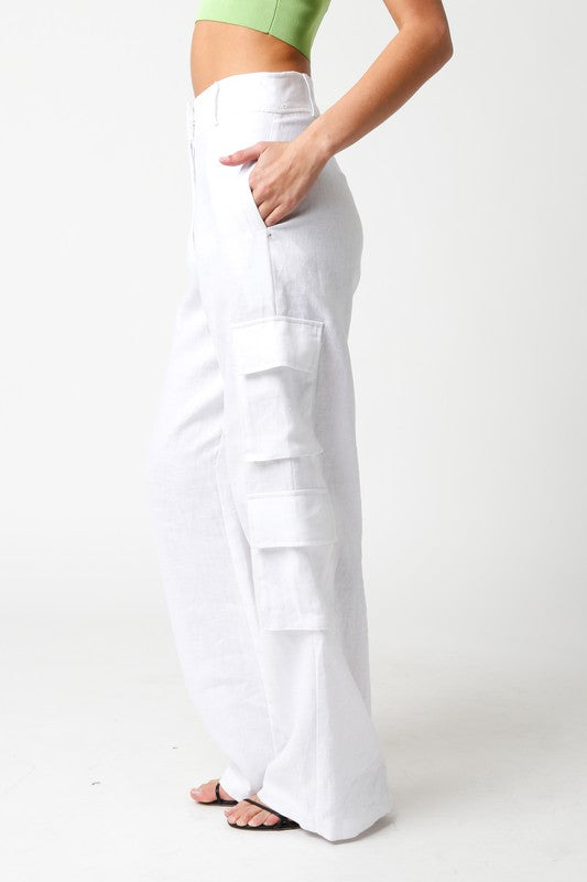 Annisia Linen High Waist Cargo Pants - White