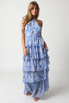 Darcy Tiered Halter Ruffle Maxi Dress - Blue/White