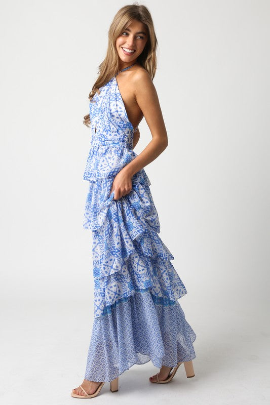 Darcy Tiered Halter Ruffle Maxi Dress - Blue/White