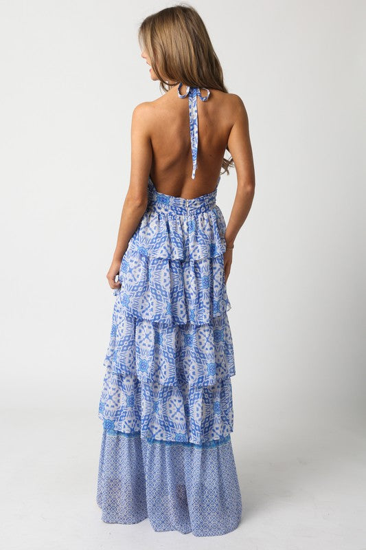 Darcy Tiered Halter Ruffle Maxi Dress - Blue/White