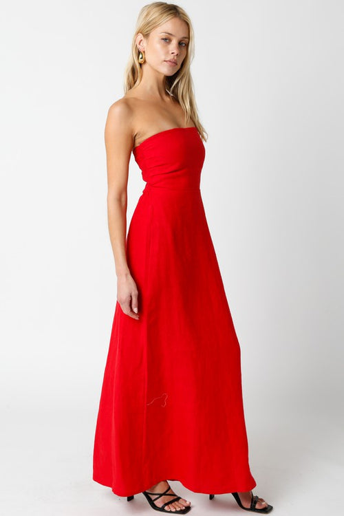 Aaliyah Strapless Linen Maxi Dress - Red