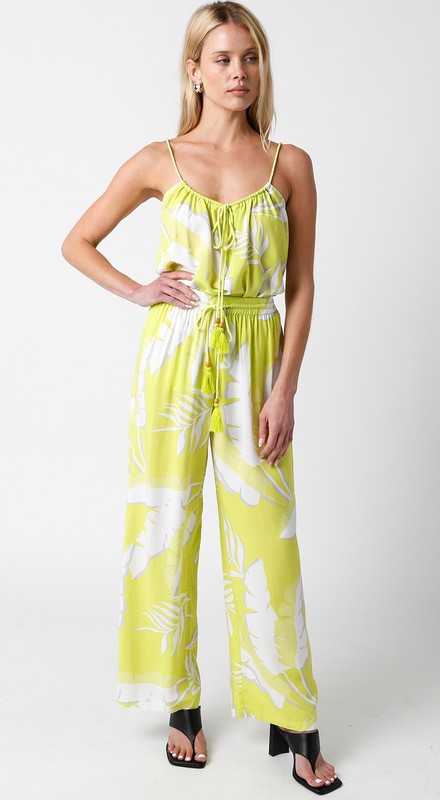 Celyn Tropical Print Tank Top & Drawstring Pants Set - Lime/Cream