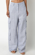 Annisia Pinstripe Linen High Waist Cargo Pants - Chambray Blue