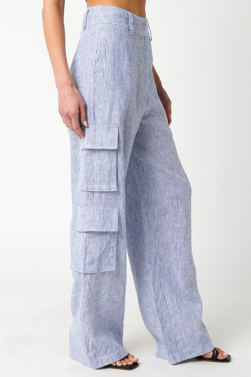 Annisia Pinstripe Linen High Waist Cargo Pants - Blue/White