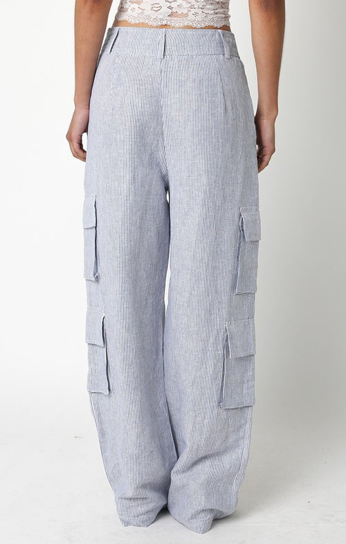 Annisia Pinstripe Linen High Waist Cargo Pants - Chambray Blue