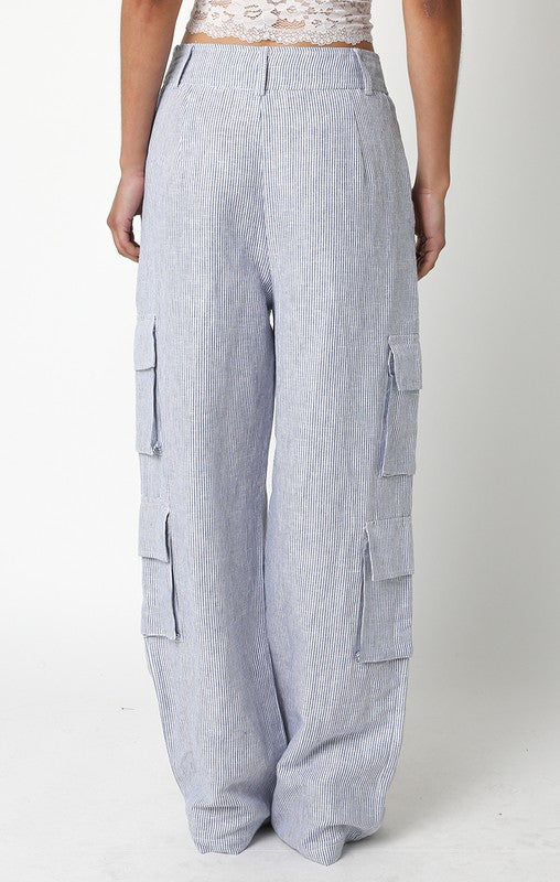 Annisia Pinstripe Linen High Waist Cargo Pants - Chambray Blue