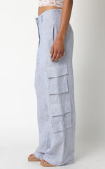 Annisia Pinstripe Linen High Waist Cargo Pants - Chambray Blue