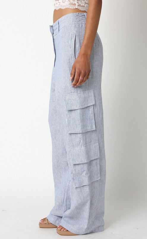 Annisia Pinstripe Linen High Waist Cargo Pants - Chambray Blue