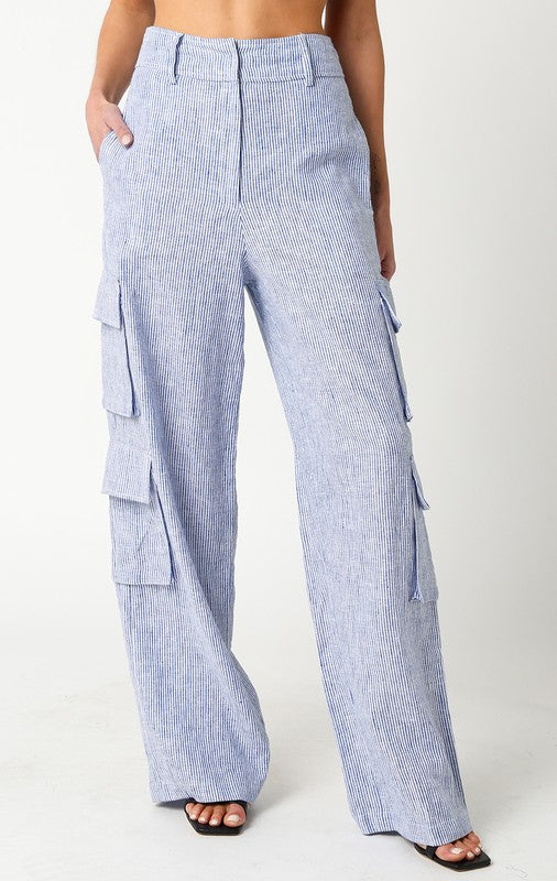 Annisia Pinstripe Linen High Waist Cargo Pants - Chambray Blue