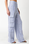 Annisia Pinstripe Linen High Waist Cargo Pants - Chambray Blue
