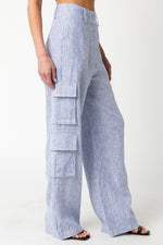 Annisia Pinstripe Linen High Waist Cargo Pants - Chambray Blue
