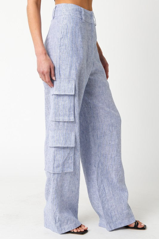 Annisia Pinstripe Linen High Waist Cargo Pants - Chambray Blue