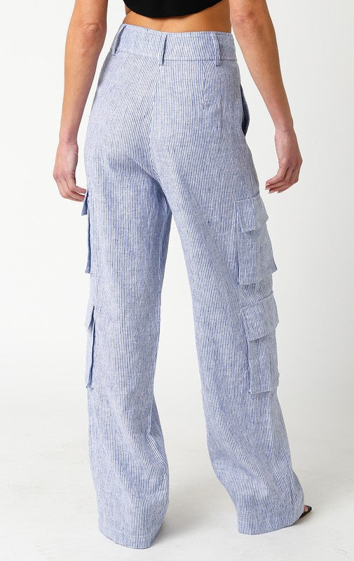 Annisia Pinstripe Linen High Waist Cargo Pants - Chambray Blue
