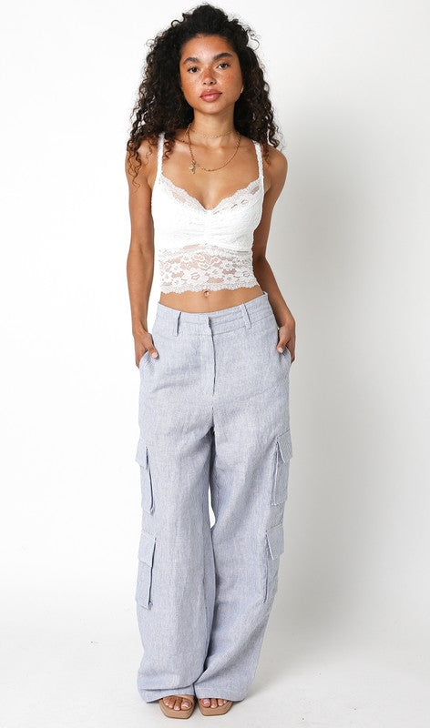 Annisia Pinstripe Linen High Waist Cargo Pants - Chambray Blue