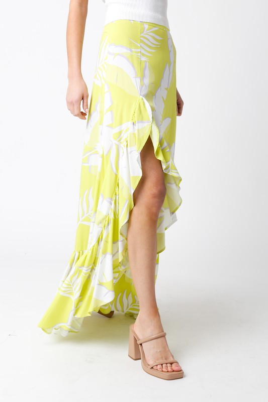 Hildee Floral Cascading Slit Maxi Skirt - Lime