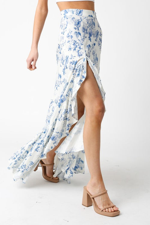 Hildee Floral Cascading Ruffle Maxi Skirt - Blue/White