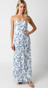 Aaliyah Strapless Floral Linen Maxi Dress - Blue/White