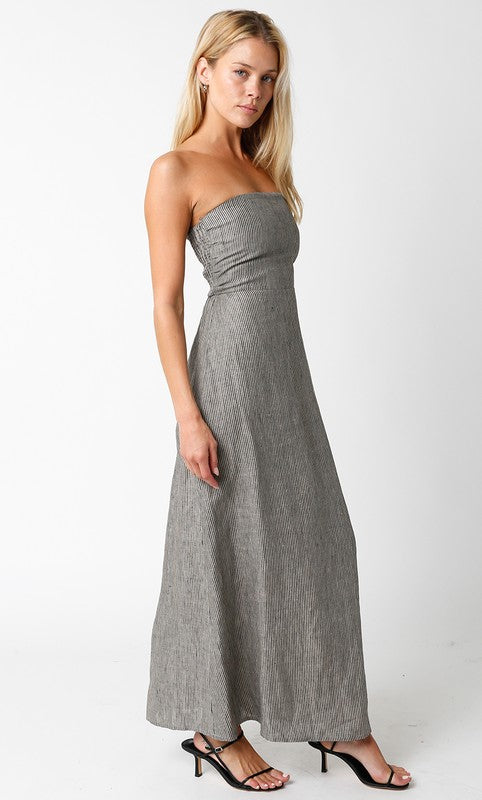 Aaliyah Strapless Linen Maxi Dress - Taupe/Black