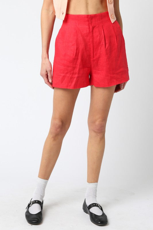 Carrie Linen High Waist Dressy Shorts - Red