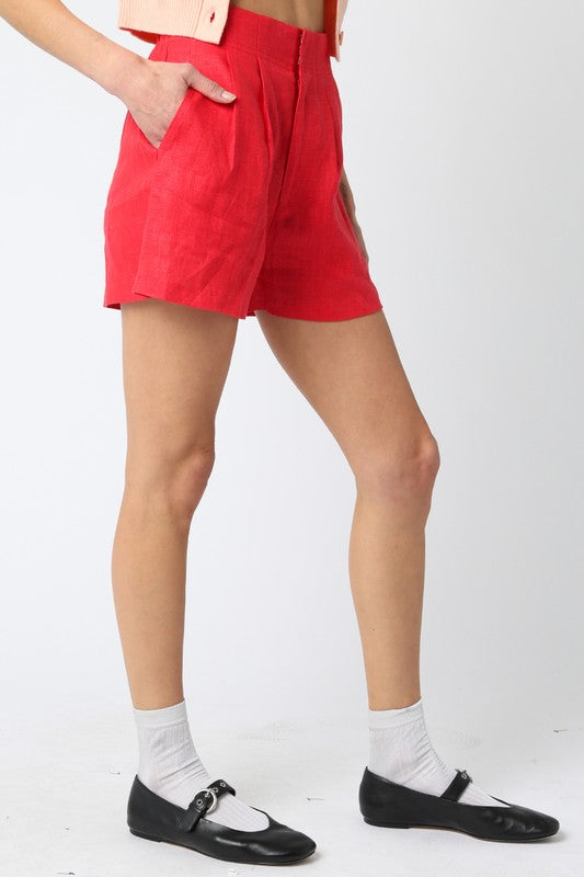 Carrie Linen High Waist Dressy Shorts - Red