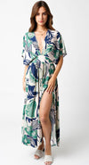 Amelia Kimono Plunge Neck Smocked Waist Maxi Dress - Green/Navy