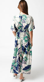 Amelia Kimono Plunge Neck Smocked Waist Maxi Dress - Green/Navy