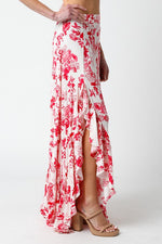 Hildee Floral Cascading Ruffle Maxi Skirt - Red/White