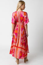 Amelia Kimono Plunge Neck Smocked Waist Maxi Dress - Orange/Fuschia