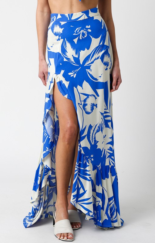 Hildee Floral Cascading Slit Maxi Skirt - Blue