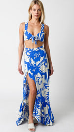 Hildee Floral Cascading Slit Maxi Skirt - Blue