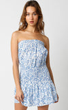 Addyson Strapless Smocked Waist Mini Dress - Blue/White