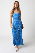 Aaliyah Strapless Linen Maxi Dress - Blue Floral