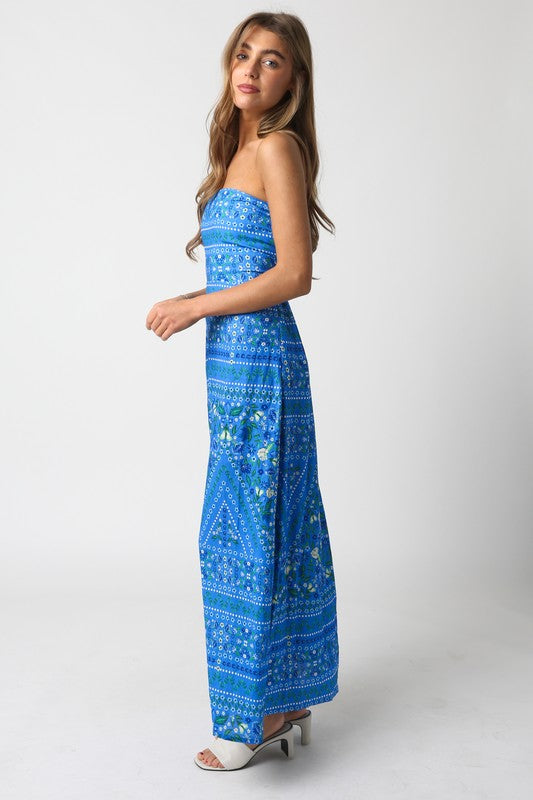 Aaliyah Strapless Linen Maxi Dress - Blue Floral