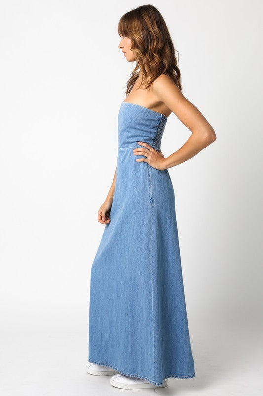 Aaliyah Strapless Denim Maxi Dress - Blue Denim