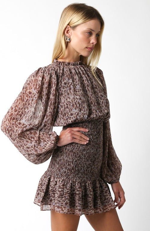 Rosemire Mock Neck Long Sleeve Smocked Waist Mini Dress - Mocha