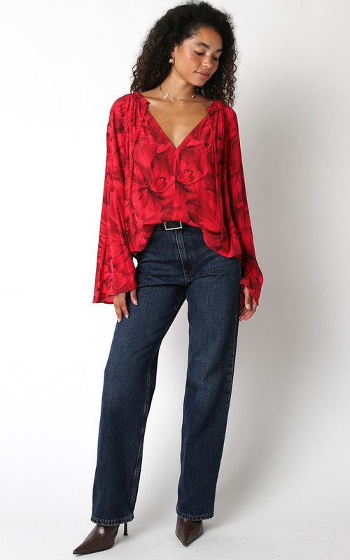 Fiona Satin Floral Long Bell Sleeve Top