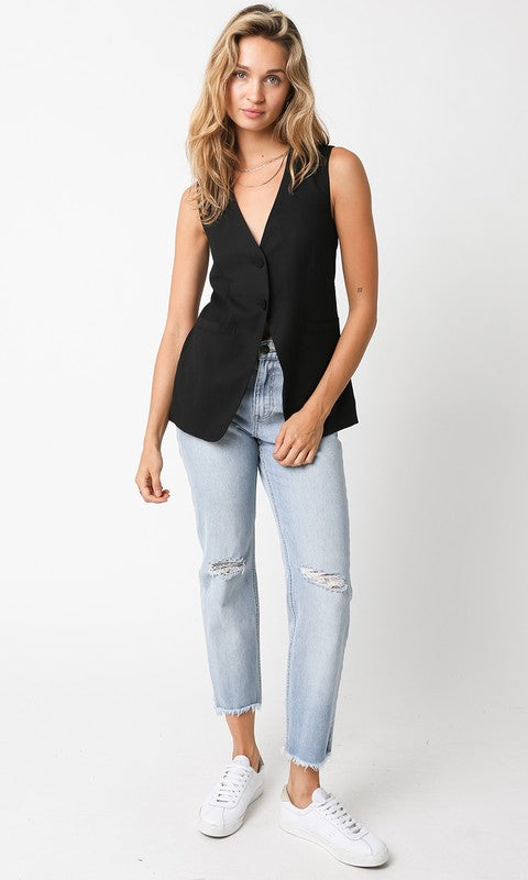 Rachelle V-Neck Front Slit Top - Black