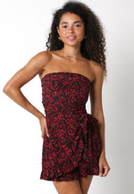 Liliana Strapless Floral Ruffle Romper - Black/Red Floral