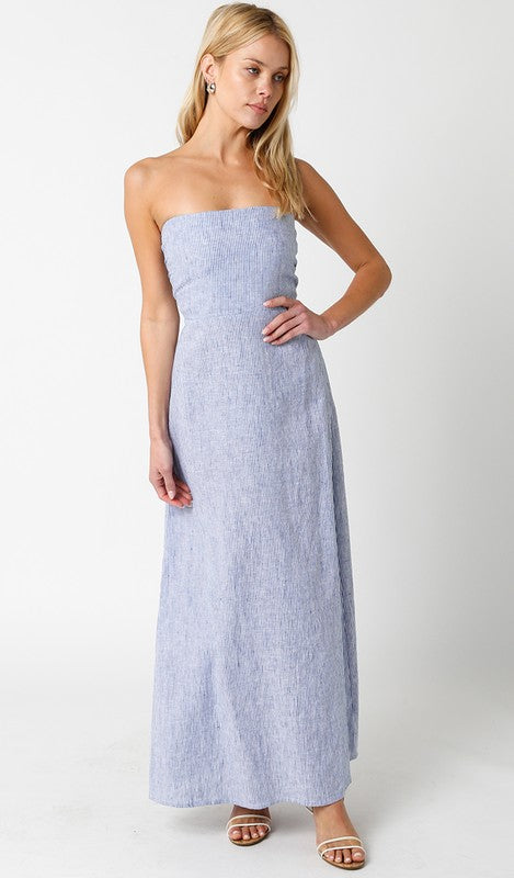 blue and white striped strapless maxi dress Maisie Strapless Midi Dress - Blue Stripe