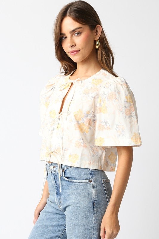 Ellena Short Sleeve Vintage Floral Tie Front Top