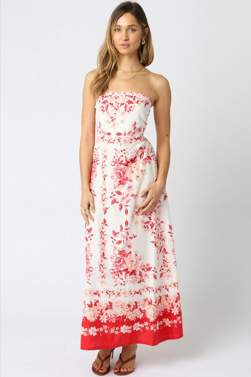 Aaliyah Strapless Linen Maxi Dress - Red/Peach