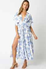 Amelia Kimono Plunge Neck Smocked Waist Maxi Dress - Blue Floral