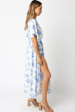 Amelia Kimono Plunge Neck Smocked Waist Maxi Dress - Blue Floral