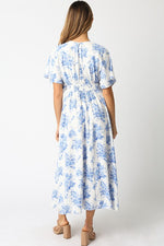 Amelia Kimono Plunge Neck Smocked Waist Maxi Dress - Blue Floral