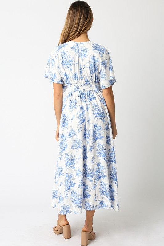 Amelia Kimono Plunge Neck Smocked Waist Maxi Dress - Blue Floral